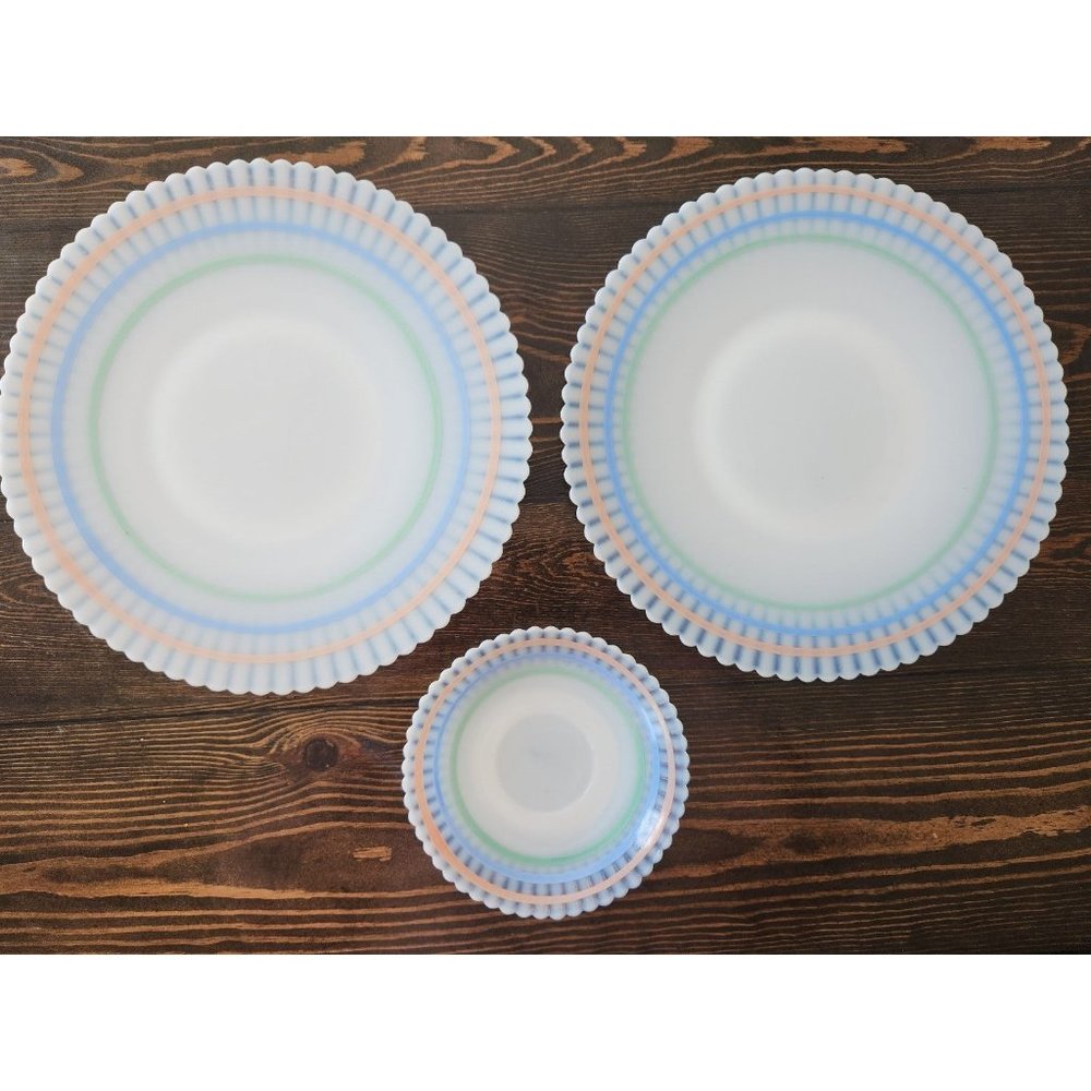 Vintage MacBeth Evans Petalware Pastel Bands 6" and 11" Plate Set (3) -White